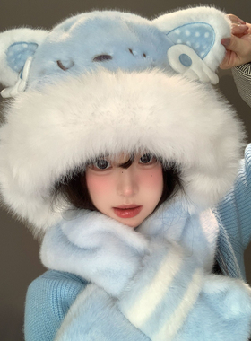可爱猫耳朵毛绒帽子围巾一体女