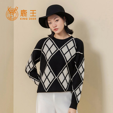 鹿王秋冬新款羊绒套衫女士圆领提花休闲时尚百搭912124305