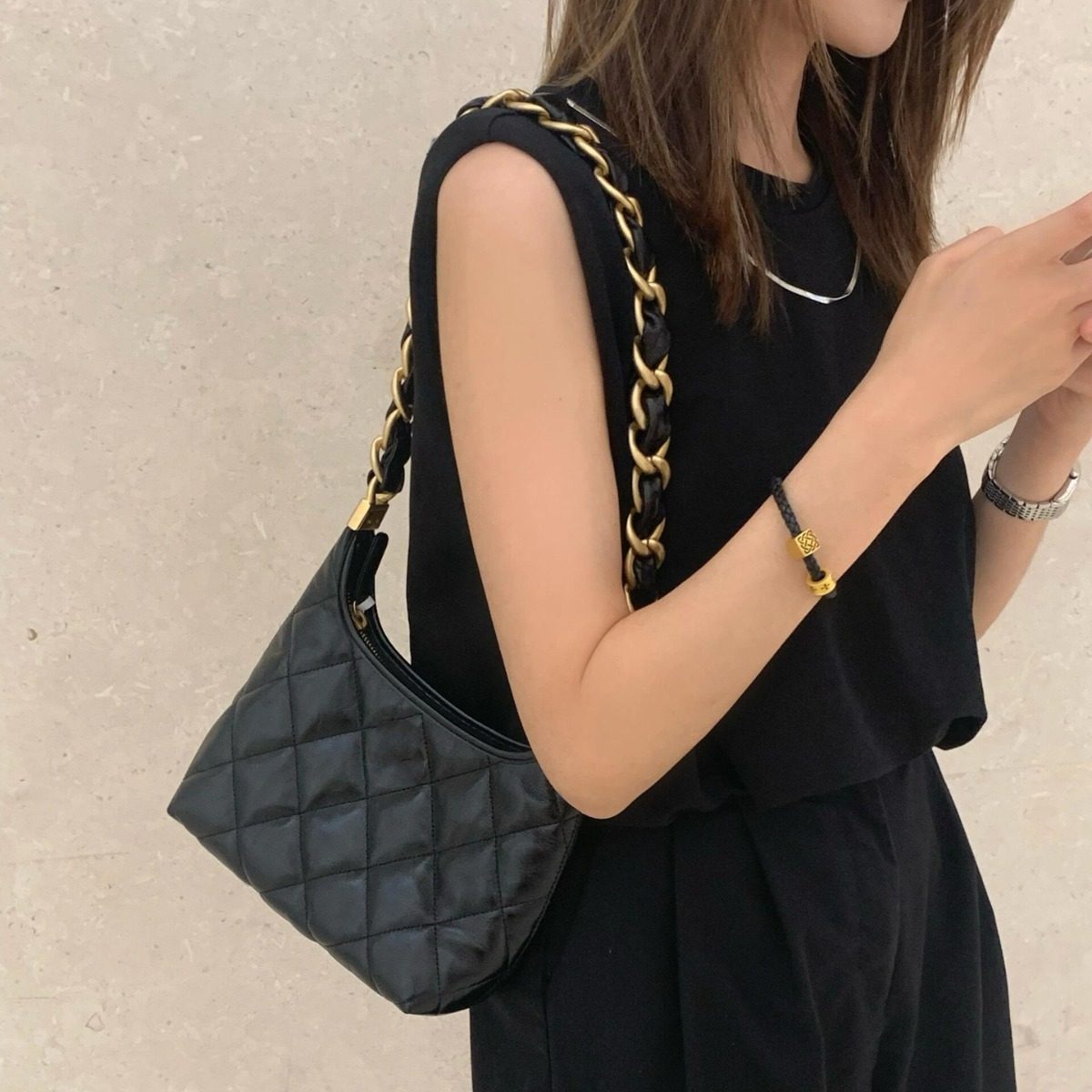 24A新款复古油蜡羊皮小香风菱格粗链条hobo腋下包高级感单肩女包,箱包皮具/热销女包/男包,腋下包,淘宝优惠券,粉丝福利购,淘宝优惠卷