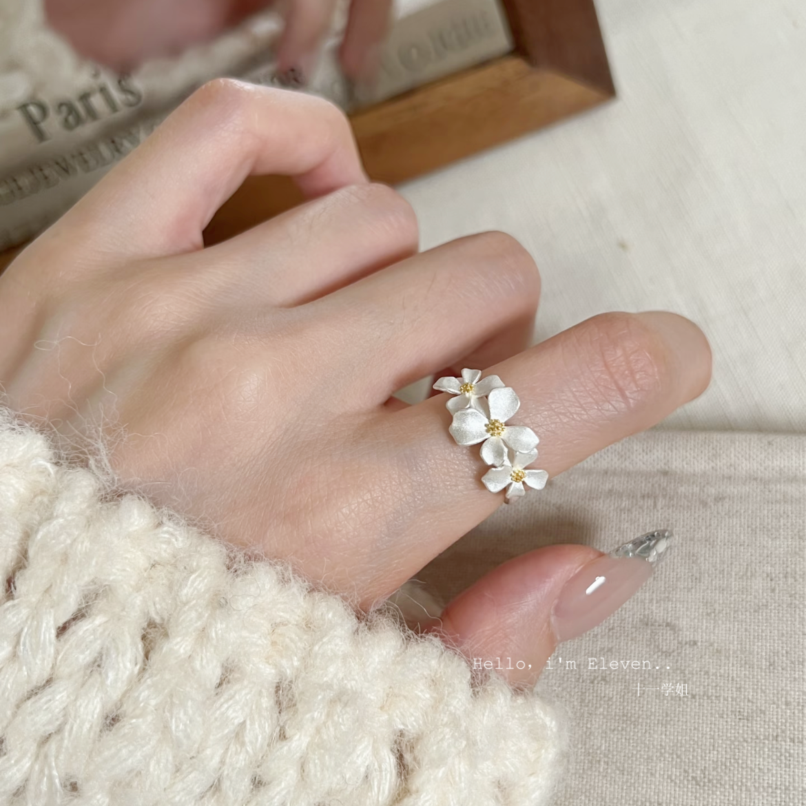 高级感轻奢栀子花戒指女小清新时尚百搭花朵食指戒开口戒纯银指环