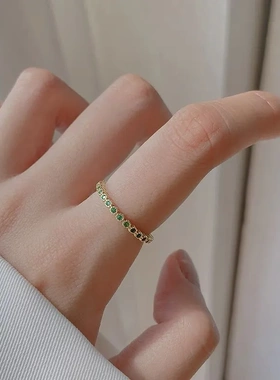 日韩S925纯银镀14K金祖母绿色开口戒指 小众设计高级感戒指女