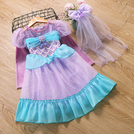 女童美人鱼公主裙秋季儿童紫色蓬蓬人鱼姬生日礼服洋气亮片连衣裙