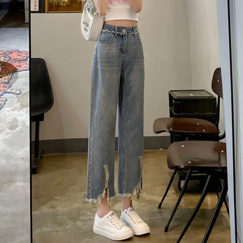小个子直筒阔腿牛仔裤女