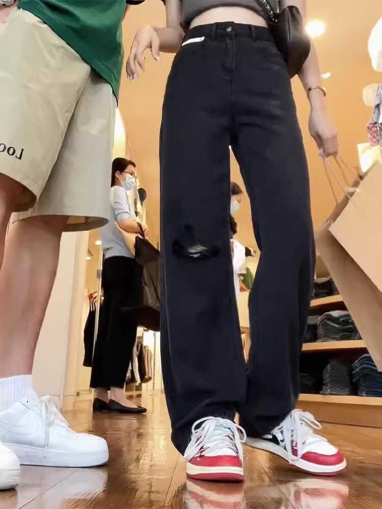 黑色破洞天丝牛仔裤女夏薄款大码胖mm高腰宽松直筒显瘦阔腿裤子潮