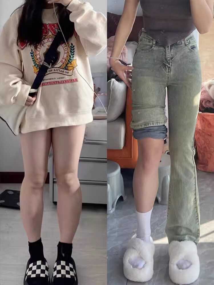 黄泥染高腰微喇马蹄牛仔裤女