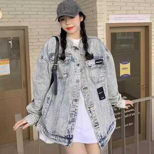 复古翻领做旧牛仔外套女春秋季大码胖MM宽松情侣bf风工装夹克上衣