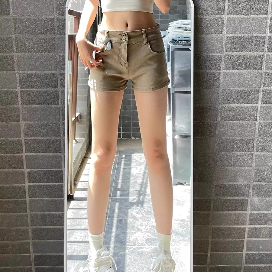 大码胖mm卡其色弹力牛仔短裤女夏季薄款小个子显瘦辣妹a字直筒裤