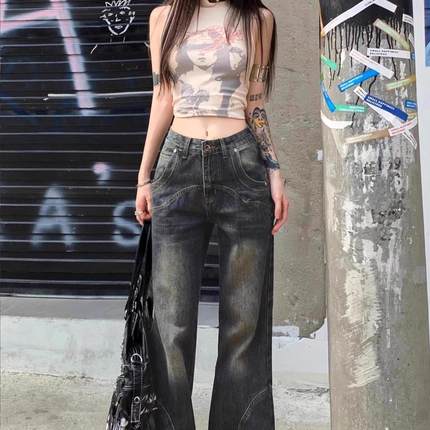 美式复古高腰微喇牛仔裤女秋冬新款大码胖MM显瘦加绒阔腿拖地长裤
