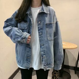 大码胖MM港风复古牛仔外套女春季新款宽松bf风休闲夹克上衣棒球服