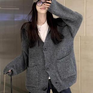 复古灰色连帽毛衣开衫外套女秋冬软糯宽松慵懒风中长款针织衫上衣