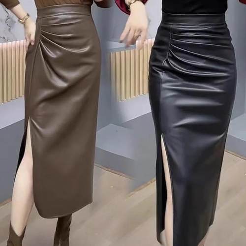 侧开叉PU皮裙2024秋季新款