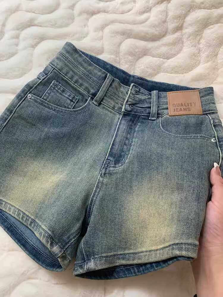 复古弹力牛仔短裤女夏季高腰大码胖MM显瘦紧身包臀辣妹直筒a字裤