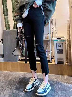 弹力高腰黑色薄款九分破洞牛仔裤