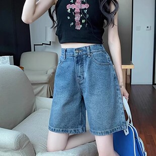 胖mm高腰牛仔短裤 小个子阔腿直筒裤 女夏季 宽松显瘦五分裤 新款 大码