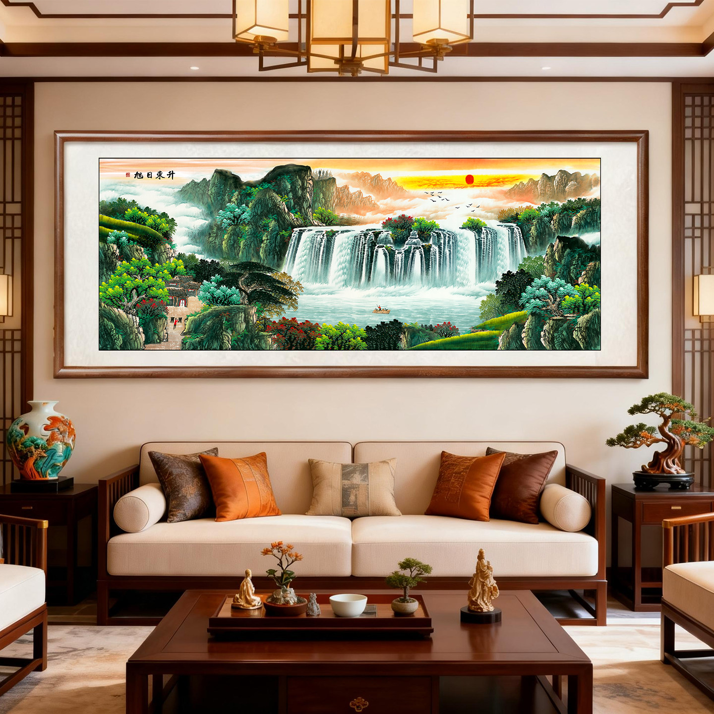 聚宝盆客厅旭日东升挂画山水国画沙发背景墙装饰画办公室靠山图