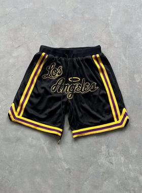 False Perception 字母刺绣紫金湖人网面五分休闲短裤黑色