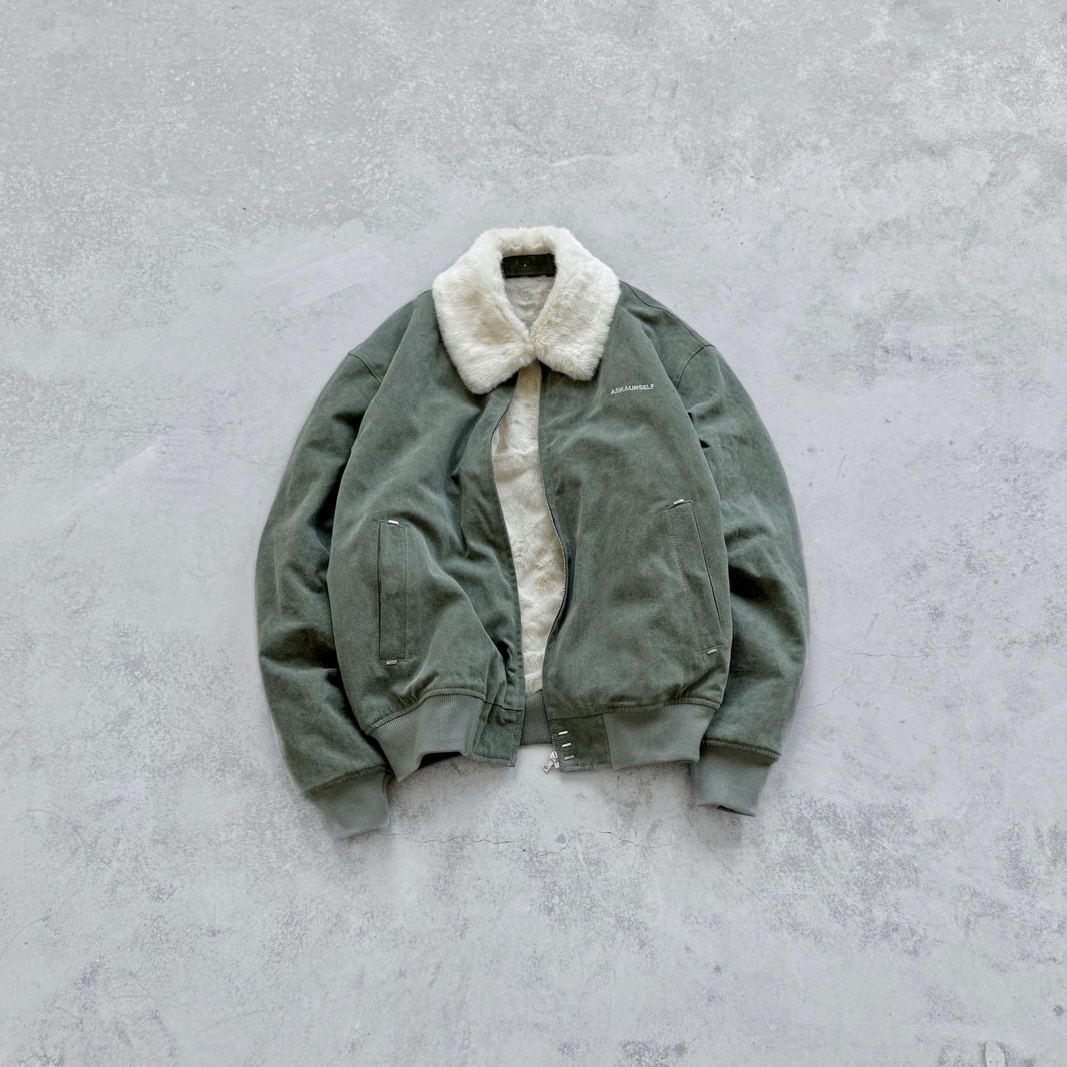 Askyurself 军布可拆卸领獭兔兔毛夹克外套军绿色