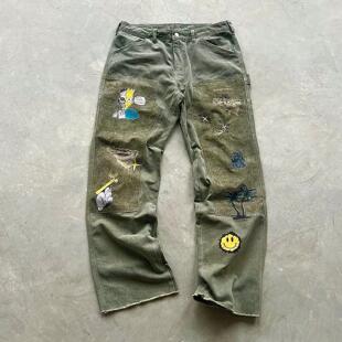 False Perception T800终结者机械辛普森涂鸦直筒工装裤军绿色