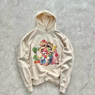 False Perception 马里奥卡通涂鸦水洗做旧连帽卫衣做旧白