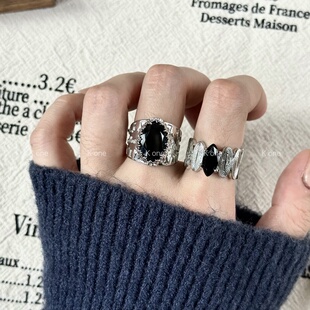 K one韩系黑色锆石夸张立体感宽版戒指女复古立体食指戒开口