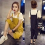 Bà bầu bib mùa xuân và mùa hè quần mỏng phần rộng 200 pounds chất béo chị jumpsuit hoang dã thời trang chín quần - Phụ nữ mang thai quần / quần bụng shop bầu đẹp