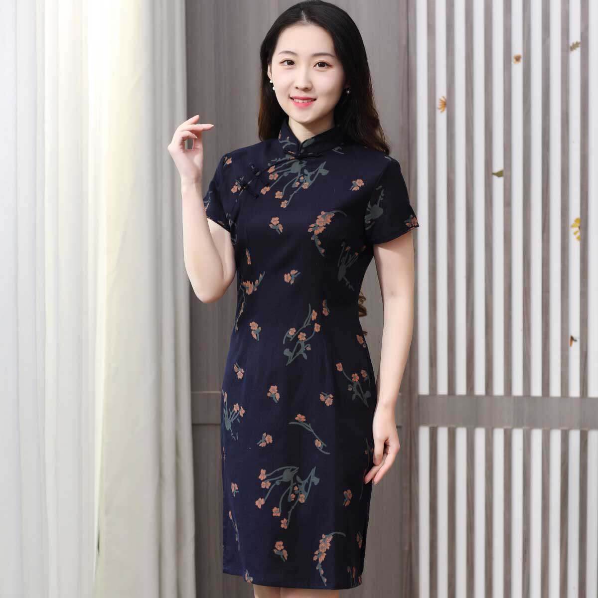 2023新款复古修身大码纯色日常中国风中长款夏季素雅旗袍连衣裙女