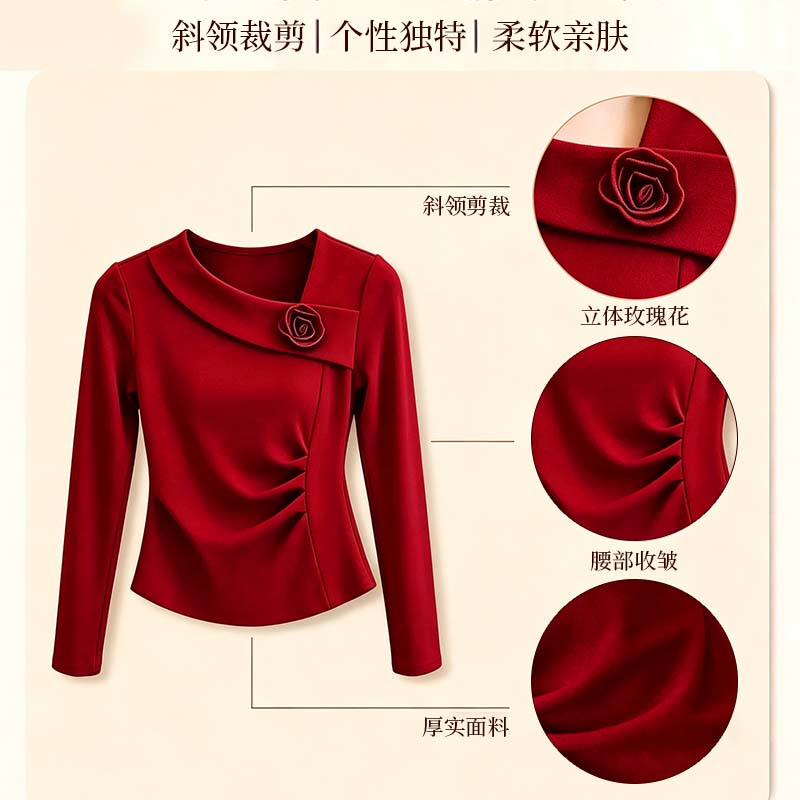 玫瑰花立体长袖秋季大码新款纯色百搭显瘦修身斜领设计感打底上衣图片