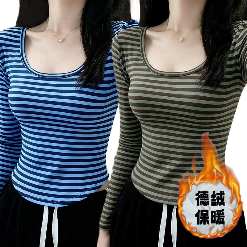 精致洋气条纹日常保暖御寒U领长袖t恤秋冬德绒舒适打底衫