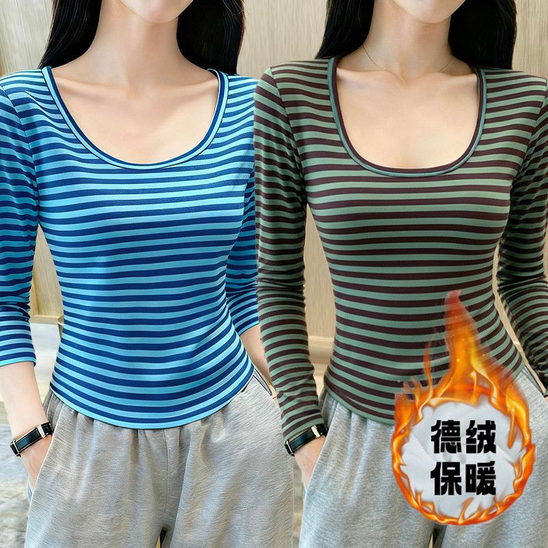 国潮复古设计感条纹U领长袖t恤秋冬德绒 显廋保暖女士打底衫