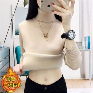 秋冬加绒毛衣女加厚一体绒翻领内搭半高领套头打底针织衫保暖上衣