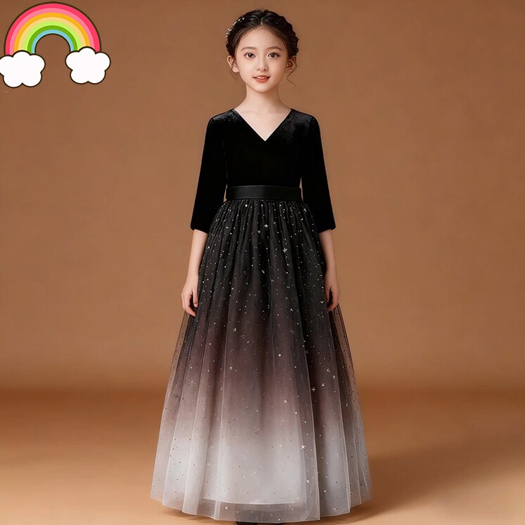 高端女童生日礼服裙小主持人丝绒长裙平时唱歌朗诵大合唱演出服冬