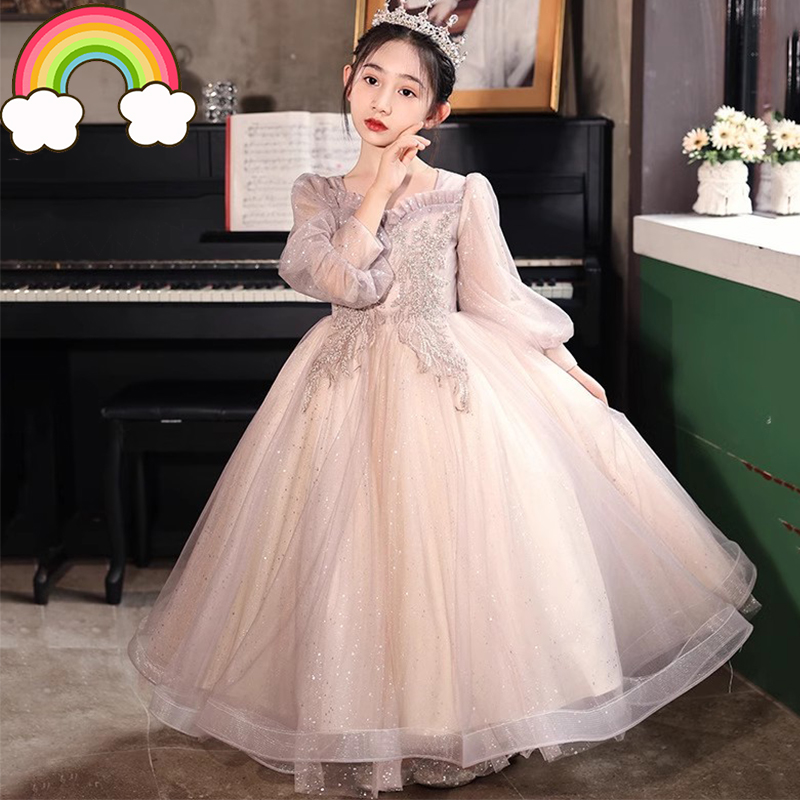 高端儿童长袖礼服轻奢小众女童生日大童公主裙演讲唱歌比赛主持人