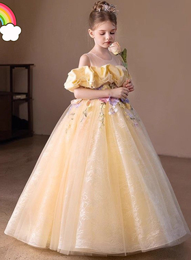 高端儿童礼服女童公主裙主持人晚礼服黄色轻奢钢琴演出贝儿礼服裙