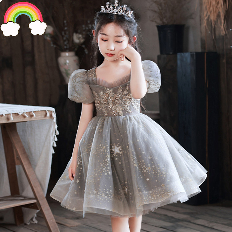 高端儿童礼服公主裙女童主持人演讲唱歌比赛花童亮片大童灰色裙冬