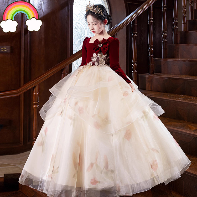 高端红色轻奢儿童礼服2025年小女孩钢琴演奏演出服女童生日公主裙