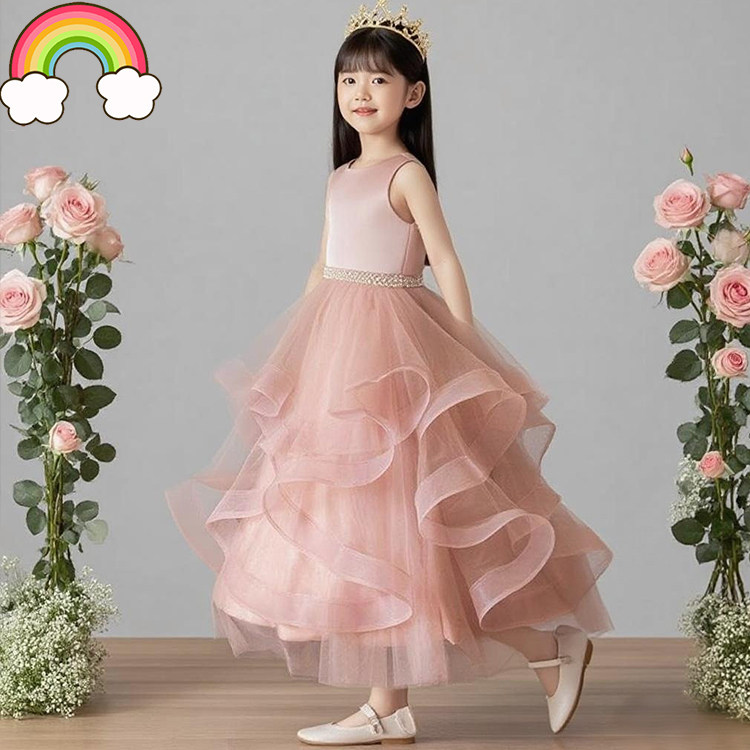 高端女童礼服2025缎面款蓬蓬纱蛋糕裙儿童钢琴演出生日礼服裙公主