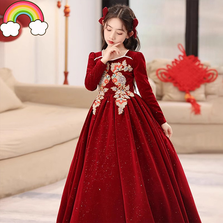 高定儿童礼服轻奢小众长袖红色唐装女童新年公主裙拜年服主持人冬