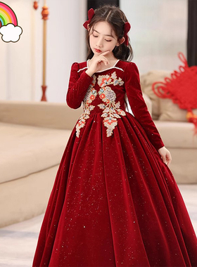 高定儿童礼服轻奢小众长袖红色唐装女童新年公主裙拜年服主持人冬