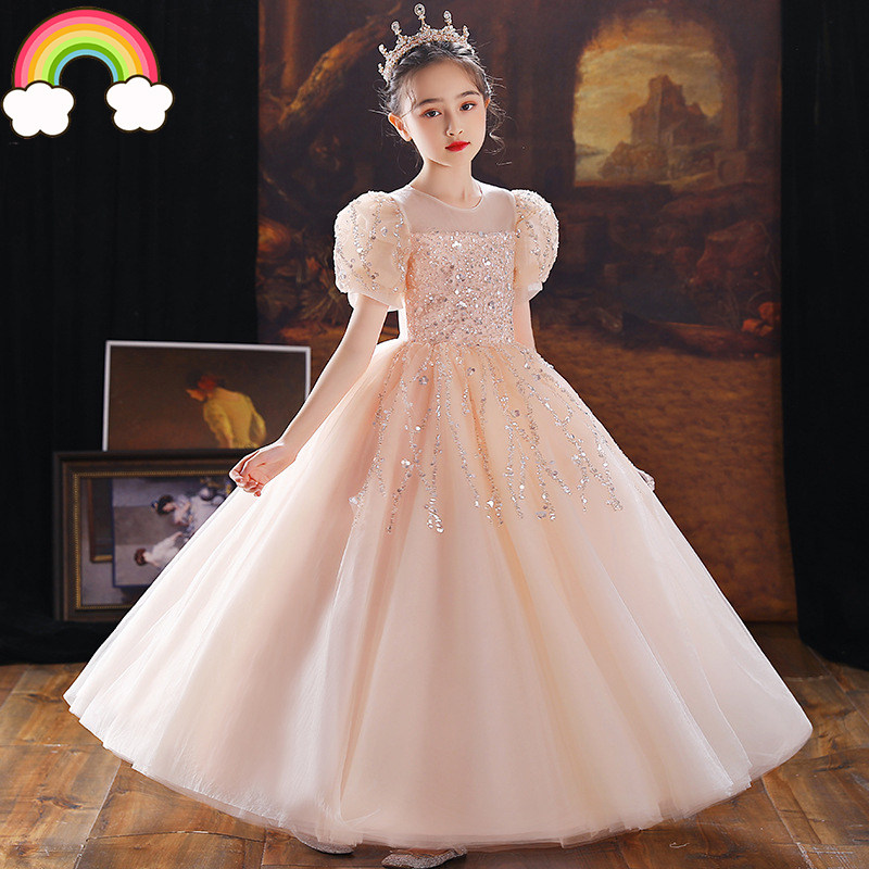 高端女童礼服花童长袖儿童演讲唱歌朗读原创主持人钢琴香槟粉长裙