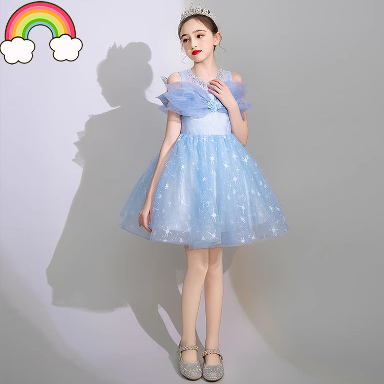 高端儿童主持人晚礼服公主裙女童婚纱花童礼服钢琴演出服蓝色走秀