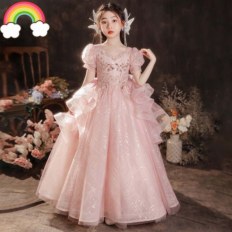 高端粉色女童礼服生日公主裙夏儿童小众主持人走秀钢琴演奏演出服