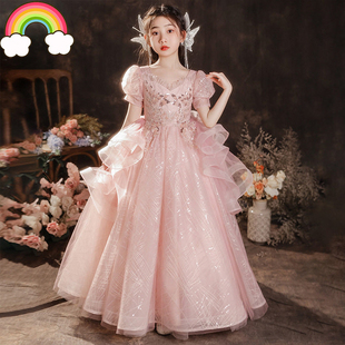 高端粉色女童礼服生日公主裙夏儿童小众主持人走秀钢琴演奏演出服