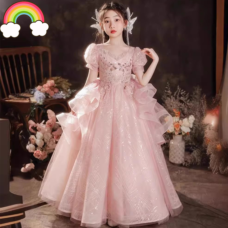 高端儿童主持人礼服女童2025六一粉色生日公主裙花童钢琴演奏长款