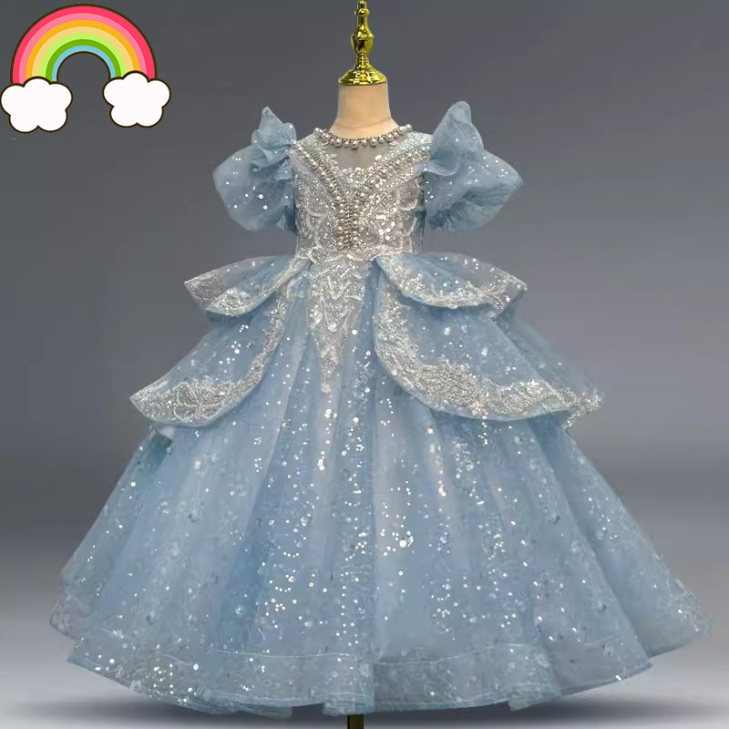 高端原创女童轻奢蓝色礼服儿童主持人重工公主裙花童婚礼走秀演出