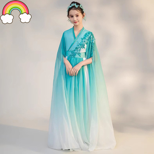 高端古筝演出服学生女童声乐艺考渐变色仙中国风独唱比赛礼服长裙