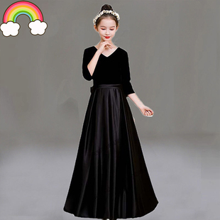 高端儿童礼服女童丝绒钢琴演奏礼服生日公主裙学生主持独奏合唱服