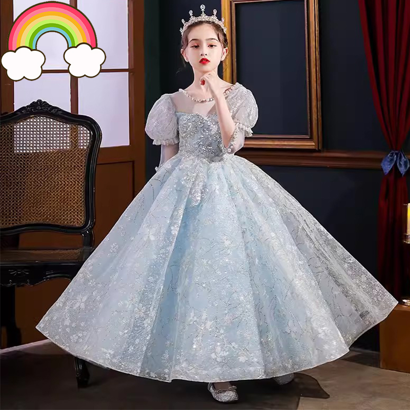 高端儿童礼服公主裙2025女童生日钢琴演奏花童蓝色礼服女孩主持人
