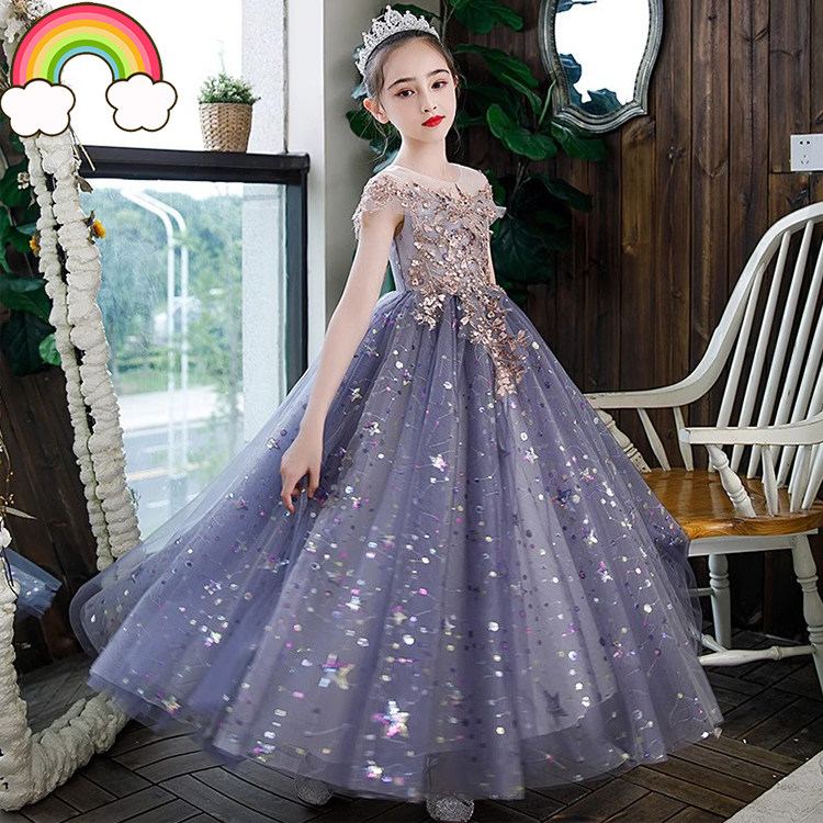 高定儿童紫色礼服女童走秀唱歌原创比赛主持人大童无袖长裙晚礼服