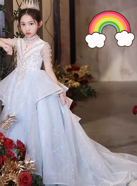 高端原创女童主持人晚礼服公主裙儿童走秀浅蓝色拖尾花童钢琴演奏