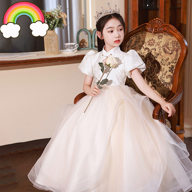 高端原创女童晚礼服香槟白花童小女孩公主裙儿童主持人钢琴演出服